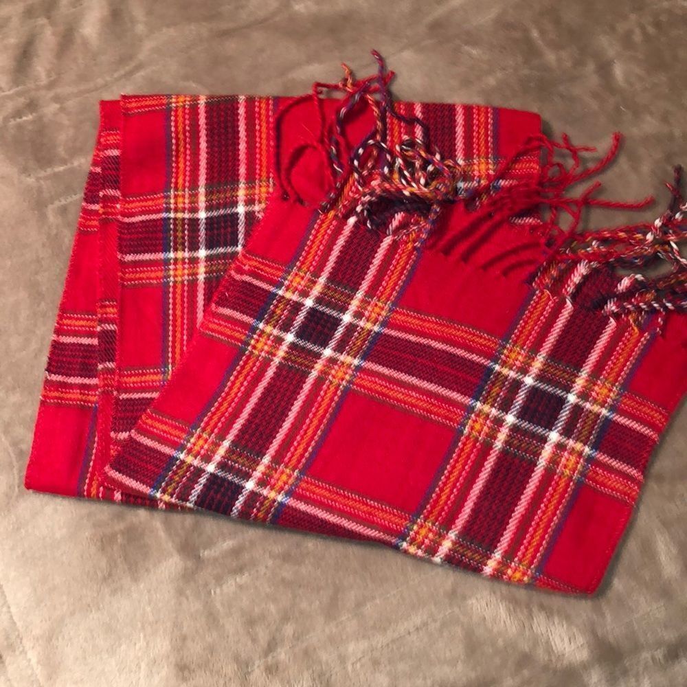 Unisex Red Multicolored Plaid Tasseled Scarf